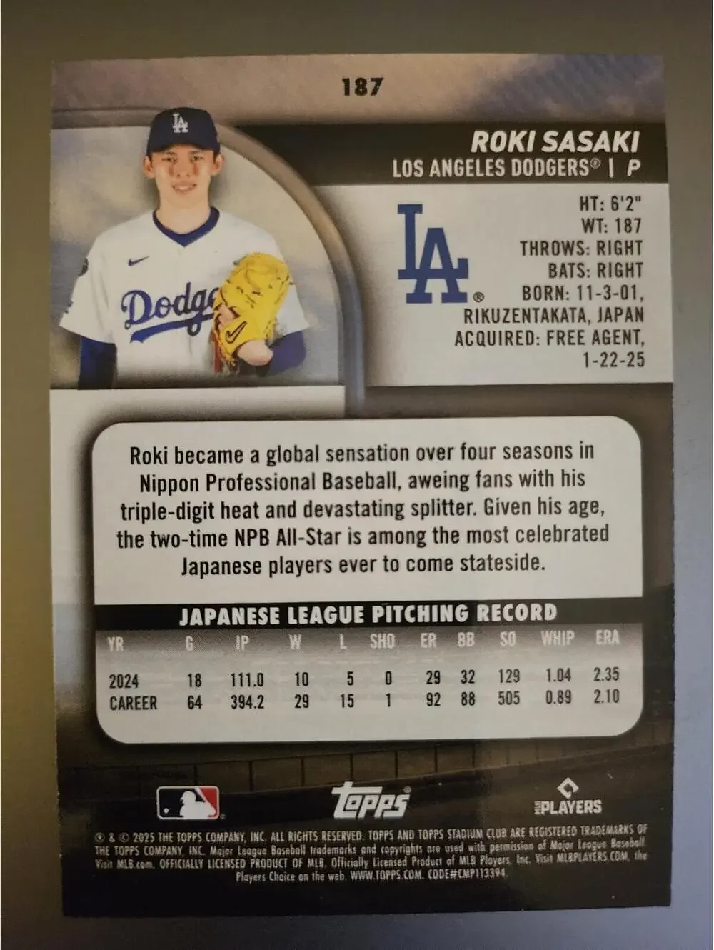 Roki Sasaki 2025 Topps Stadium Club Rookie RC #187 Los Angeles Dodgers